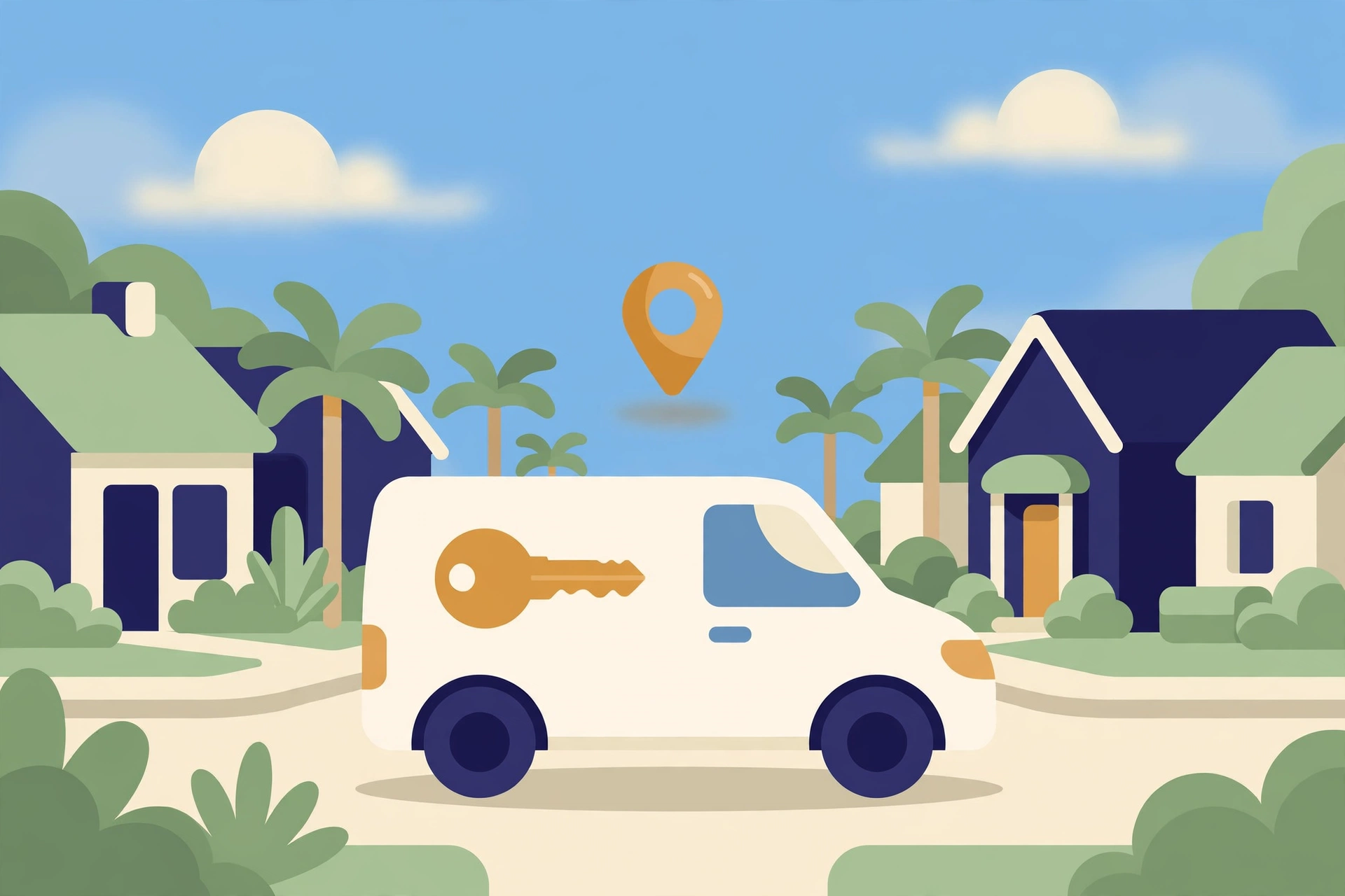 Friendly illustration of an EZ Locksmith service van on a sunny Fort Lauderdale street lined with palm trees
