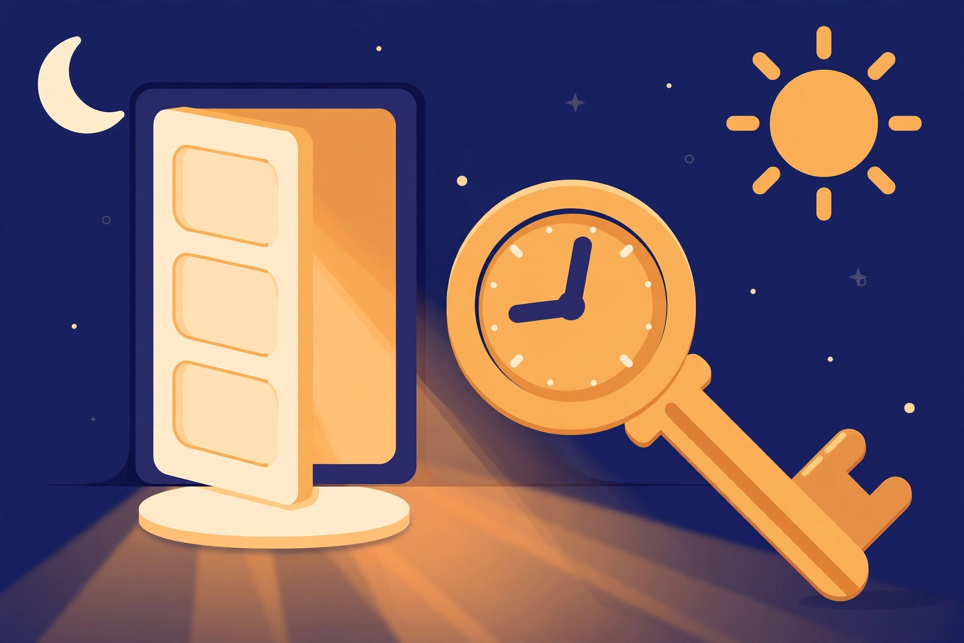 Friendly illustration of a door with warm light and a key with clock hands, symbolizing fast day-or-night locksmith help